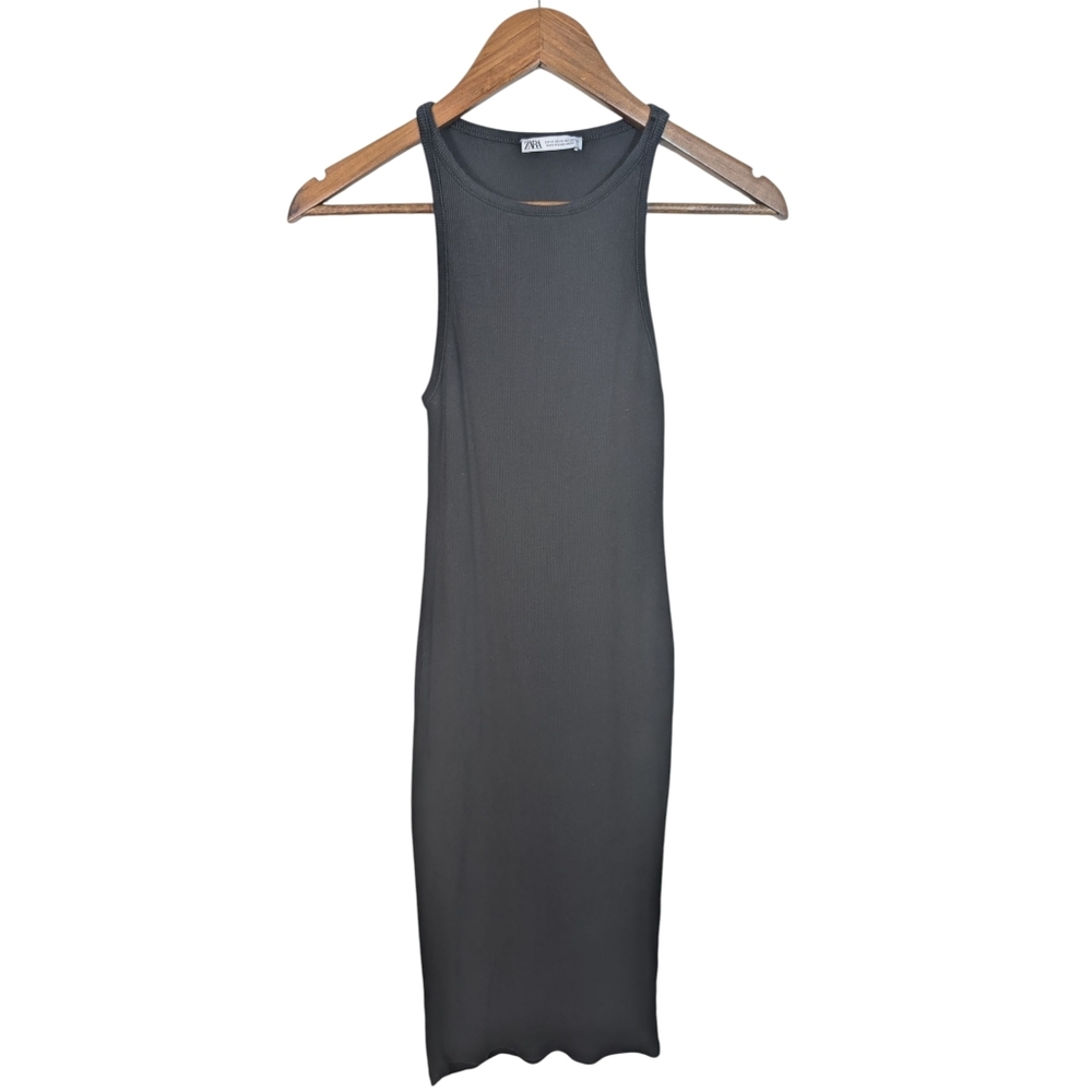 ZARA Black Ribbed Cotton Sleeveless Slim Fit Midi Dress